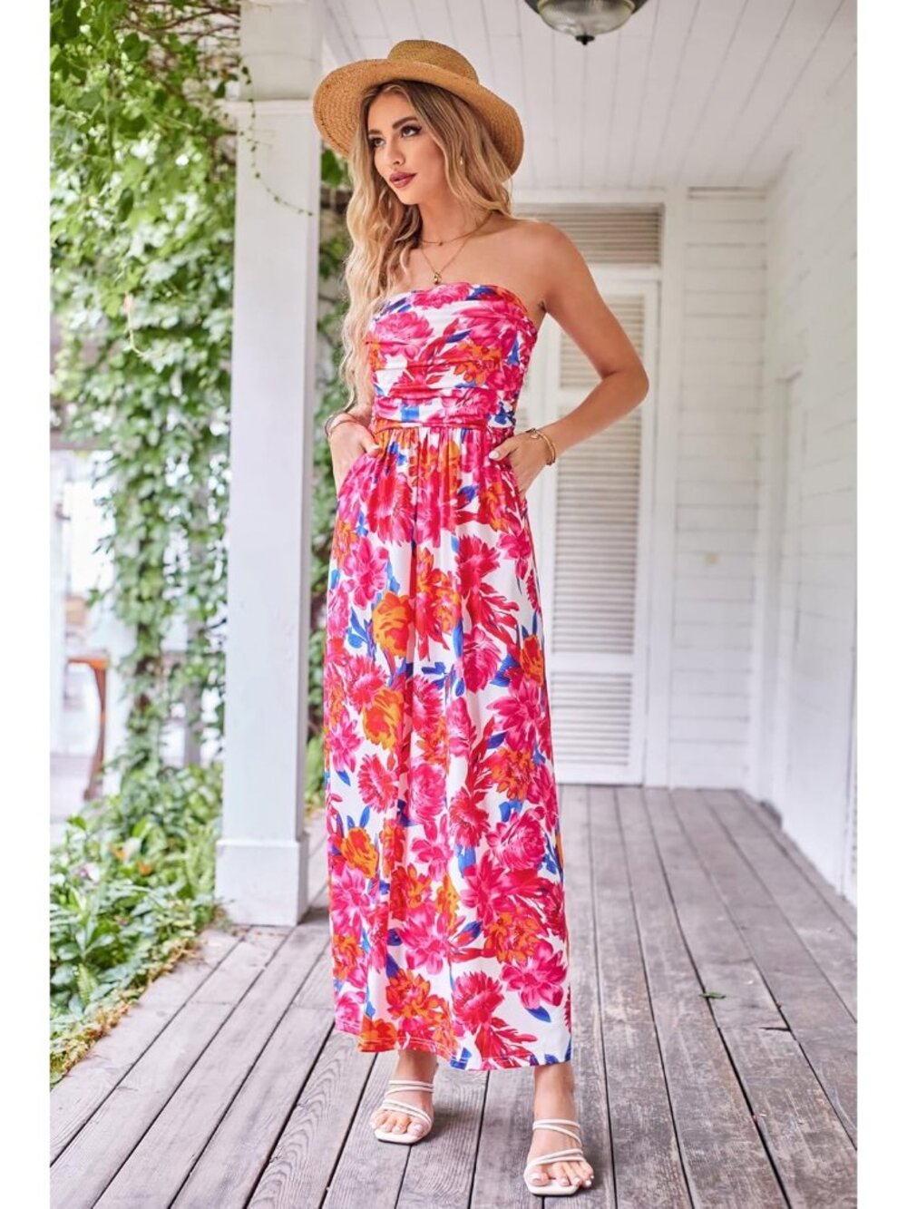 🆕Women's Pink Orange Strapless Neck Sleeveless A-Line Summer Comfort Maxi Dress - Picture 6 of 6